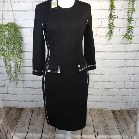 DKNY SWEATER SHEATH FITTED DRESS, BLACK WITH WHITE STITCHING, SIZE SMALL - Picture 1 of 10